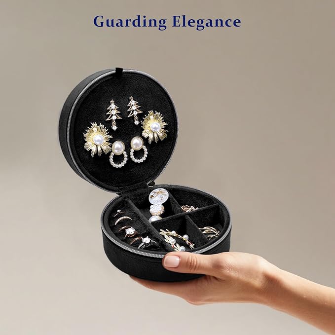 CONBOLA Travel Jewelry Case Small Jewelry Box for Women Girls,Round Velvet Jewelry Travel Organizer,Portable Jewelry Box for Rings Earrings Necklaces Bracelets.(Black,Large)