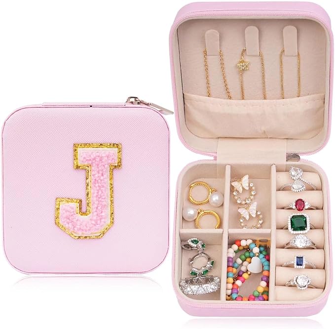 ETHOON Jewelry Travel Case Small Organizer Stocking Box Personalized Gifts Teenage Jewelry Accessories Holiday Wedding Christmas Gift for Women Pink, Letter J