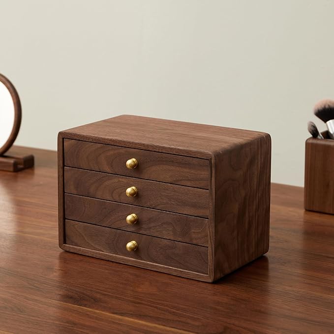 Wooden Jewelry Box for Women Men, Large Velvet Lined Organizer with 4 Drawers, Solid Black Walnut Brass Handles, Jewelry Storage Box for Rings, Necklaces, Earrings