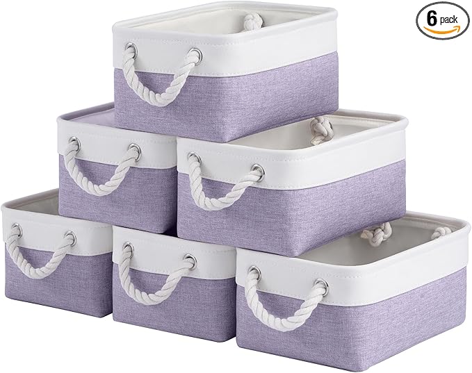 Storage Baskets for Shelves 11.8x7.9x5.2 Inch, Foldable Fabric Storage Bins with Handles, Small Storage Baskets for Organizing Closet, Office, Home Organization (6-Pack, White&Purple)