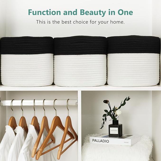 ECDYQXVU Cotton Rope Storage Basket, 15x10x9 Inches, Woven Basket for Shelves, Clothes, Towels, Books, and Laundry, Black/ White (3 Pack)