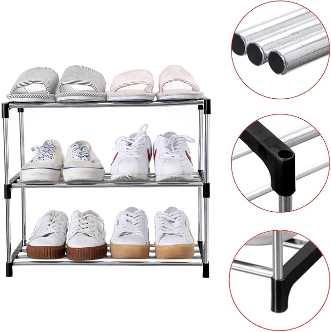 Jucaifu Stackable Small Shoe Rack, Entryway, Hallway and Closet Space Saving Storage and Organization (3-Tier, Black)