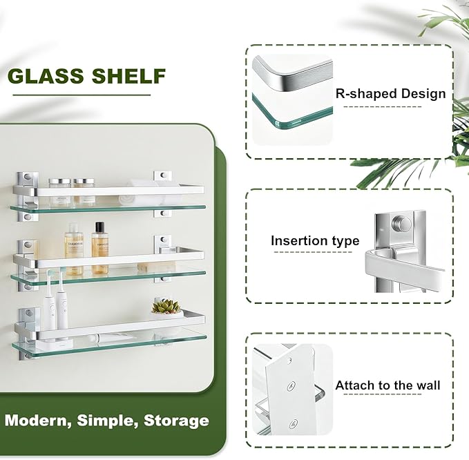 AIJALY 3 Pack Bathroom Glass Shelf,Aluminum Tempered Glass 0.3in Extra Thick Rectangular 1 Tier Storage Organizer Wall Mount,Silver 15.7in