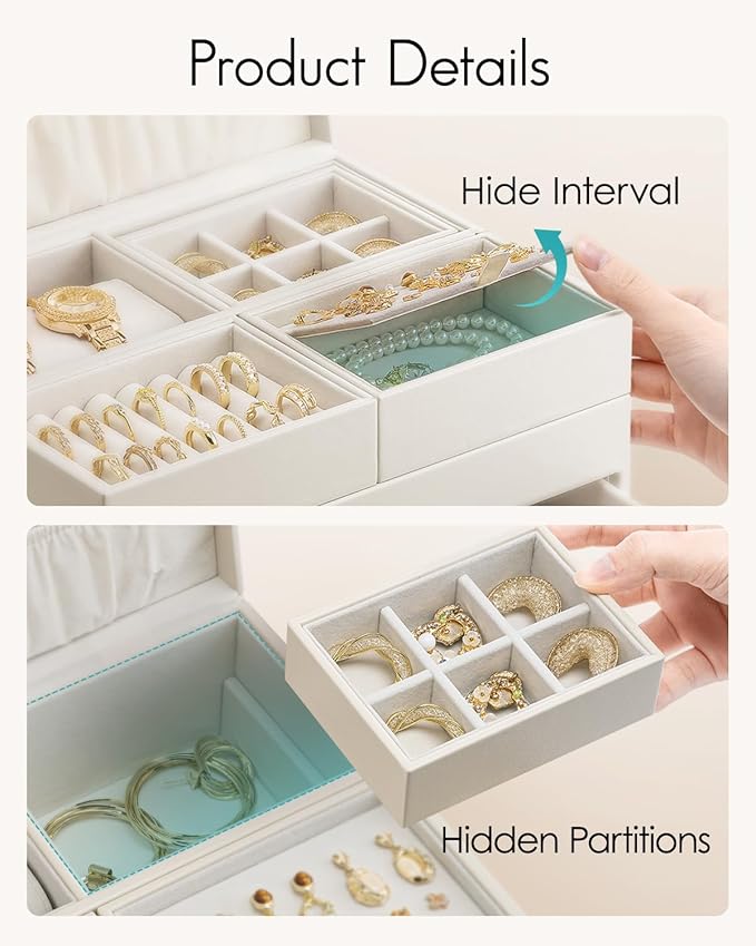 VLANDO 4 Layers Jewelry Box - Women Jewelry Box with Retractable Tray - Jewelry Organizer with Drawer for Necklaces, Rings, Bracelets, Earrings, Valentines Gift for Mom Girls - Cloud White