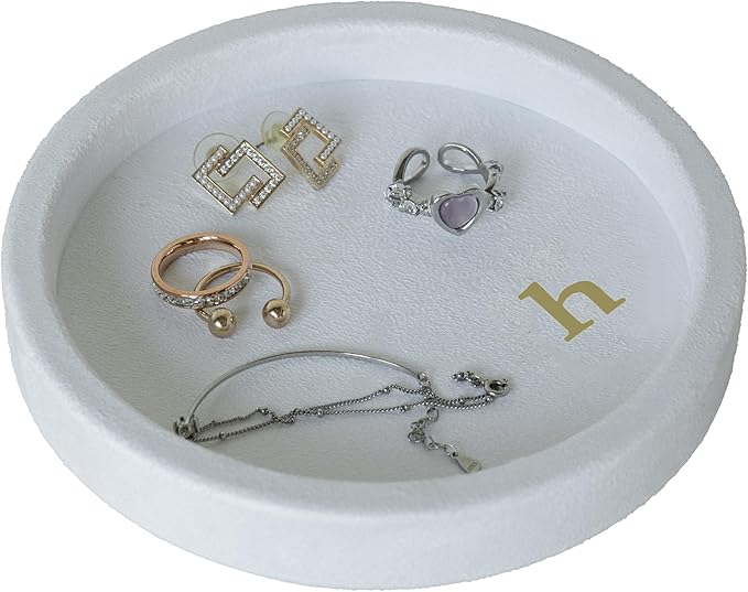 COLLECTIVE HOME - Velvet Jewelry Tray, 6" Monogrammed Jewelry Dish, Smooth Velour Display Dish for Rings, Earrings, Necklaces, Makeup, Personalized Gifts for Women (White-n)