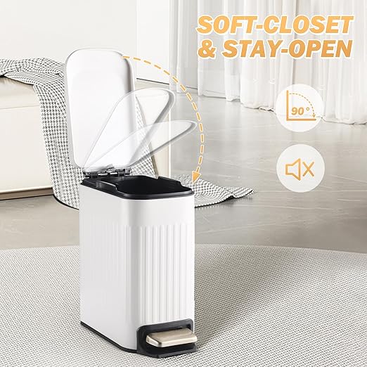 SYNCVIBE Slim Bathroom Trash Can with Lid Soft Close, Stainless Steel Garbage Can Step Trash Bin with Removable Inner Bucket for Bedroom, Office, Kitchen (Matt White, 1.8 Gallons)