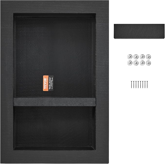 VEVOR Shower Niche Ready for Tile 16" x 24", Double Shelf Organizer, Square Corners Wall-inserted Niche Recessed, Sealed Protection Modern Soap Storage Niche for Shower Bathroom, Black