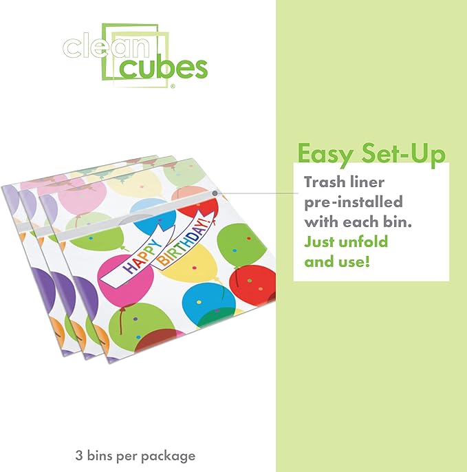 Clean Cubes 13 Gallon Disposable Pop-Up Trash Cans (3-Pack) with Fitted Bags – Foldable Garbage & Recycling Bins for Parties, Events & Kitchen (Birthday, 17" H x 13.5" W x 10" D)