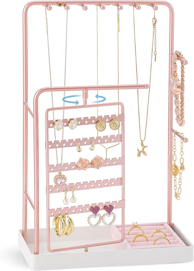 ProCase Jewelry Stand Holder Organizer, Jewelry Display Storage with Ring Tray, Rotating Earring Bracelet Necklace Holder, Valentine's Gifts Room Dorm Decor for Teen Girls -Rosegold (No-Assembly)