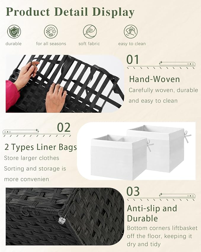 SETVSON Storage Basket with Lid Wicker Baskets for Storage with 2 Separate Lid 42.3 Gallon (160 L) 29.9 x 17.3 x 18.1 Inches Rattan Woven Large Wicker Basket with 2 Liners for Bedroom Laundry Black