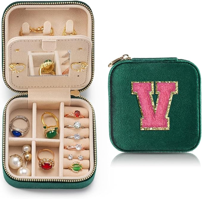 Personalized Velvet Travel Jewelry Case Box For Women Ring Necklace Earring Holder Organizer with Mirror Green Girls Box Birthday Gifts Mom Initial V
