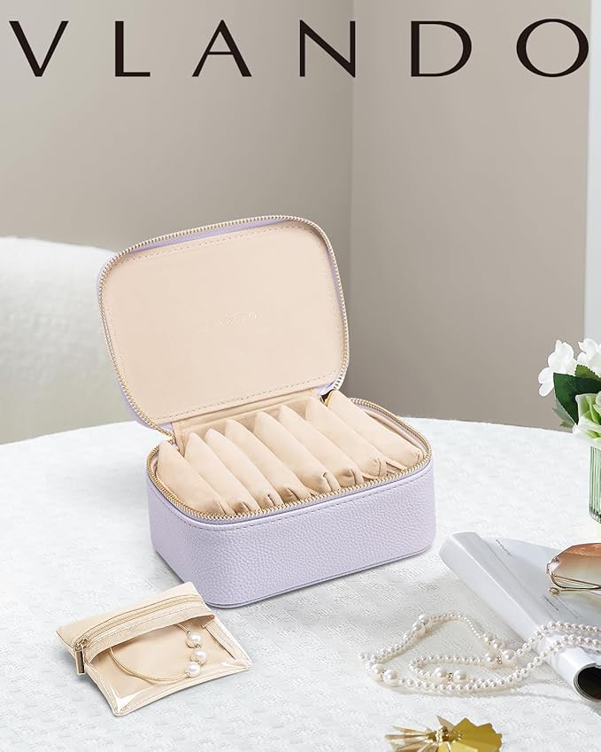 Vlando Jewelry Travel Case,Travel Jewelry Organizer with Clear Velvet Jewelry Bags Zipper Pouch for Women Girl Gift- 8Pcs Purple
