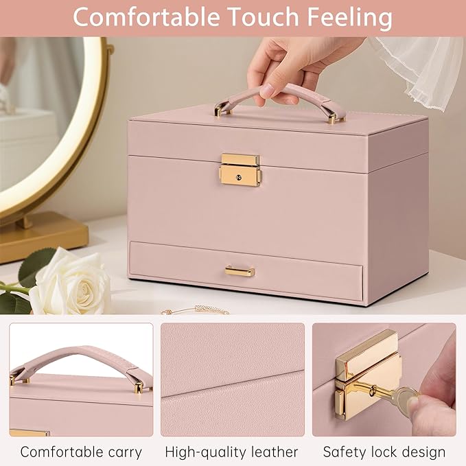 AKOZLIN Travel Jewelry Box Organizer Functional 2-trays Leather Jewelry Storage Case with Lockable Portable Drawer for Women Girls Ring Necklace Earring Bracelet