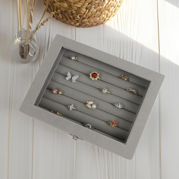 Fordonral Velvet Jewelry Organizer Box, Jewelry Drawer Organizers Trays, Earring Ring Necklace Holder Display Case (Gray, Ring Box)