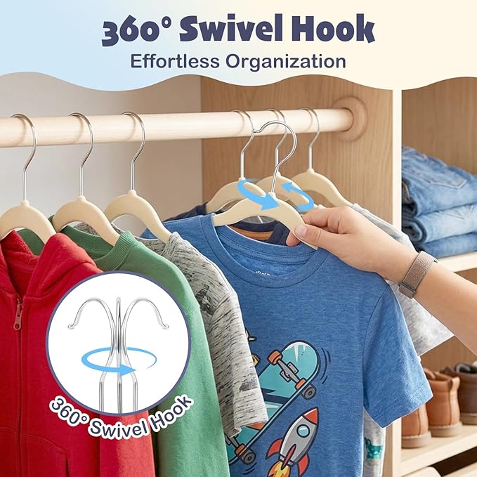 HOUSE DAY 14 Inch Kids Velvet Hangers 50 Pack, Durable Big Kid Hangers for Youth, Non Slip Kids Felt Hanger, Cute Childrens Hanger for Closet, Beige