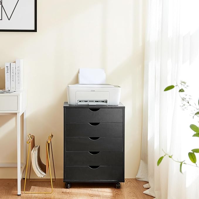 5 Drawer Mobile File Cabinet Under Desk Storage Organization with Wheels Vertical Filing Chest Rolling Wood Small Desk Printer Stand for Home Office, Black