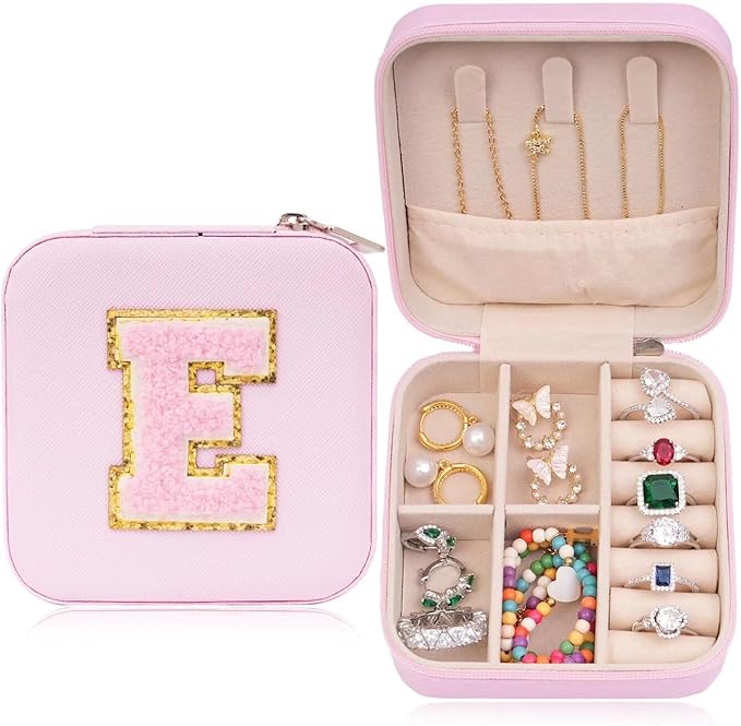 ETHOON Jewelry Travel Case Small Organizer Stocking Box Personalized Gifts Teenage Jewelry Accessories Holiday Wedding Christmas Gift for Women Pink, Letter E