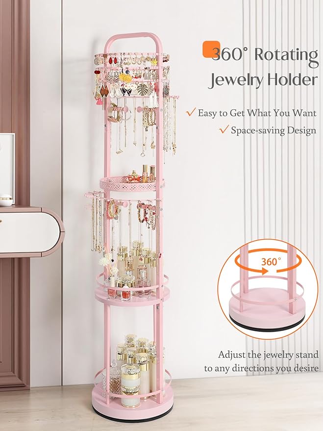 Jewelry Holder Organizer, Floor Jewelry Organizer with Earring Organizer Necklace Holder, Rotating Jewelry Stand Necklace Display Earring Storage, Large Hanging Jewelry Tree for Jewlery Bracelet Ring