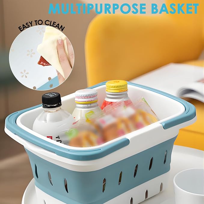 Fammart Portable Shower Caddy Tote – Collapsible Plastic Basket with Handles, Foldable Storage Organizer for Bathroom, Kitchen, College Dorm, Gym, Travel & Camping, Blue