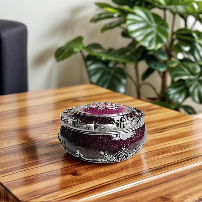 Handcrafted Round Jewelry Box - Vintage Rose Treasure Box with Carved Floral Lid, Elegant Organizer for Rings, Earrings, Necklaces and Bracelets, Romantic Gift for Wedding and Anniversary