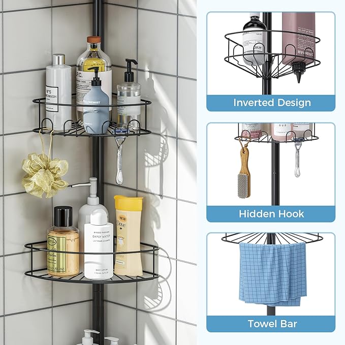 Corner Shower Caddy Tension Pole，4 Tier Adjustable Bathroom Organizer Shelves，Inside Shower Storage With Hidden Hook & Towel Holder,63.7-119 Inch No-Drill Quick Installation Shower Rack,Black