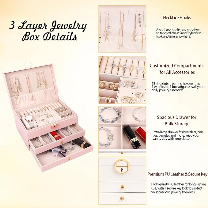 3 Layer Jewelry Box for girls, Lockable Jewelry Organizer for Necklace Earring Ring Bracelet Watch, PU Leather Storage, Pink