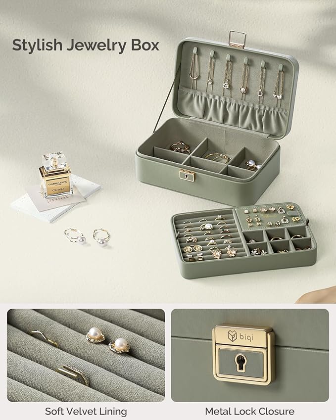 Jewelry Box, 2-Layer Jewelry Holder Organizer with Lock, Removable Jewelry Tray for Earrings Necklaces Bracelets, Green