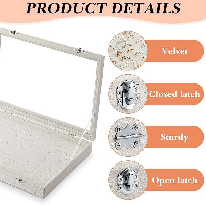 Yinkin 2 Pcs 100 Slots Ring Organizer Box with Transparent Glass Lid Necklace Display Tray Ring Case Velvet Jewelry Holder