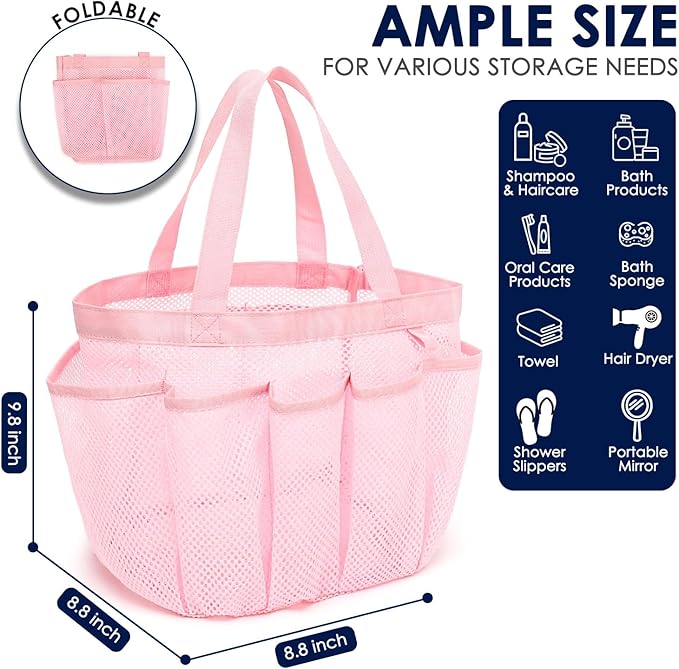 GYEUKHAM Large Mesh Shower Caddy Portable with 8-Pocket for College Dorm Room Essentials,Quick-Dry Handing Shower Basket Tote Bag for Toiletry, Bathroom,Beach,Camp,Gym,Pink