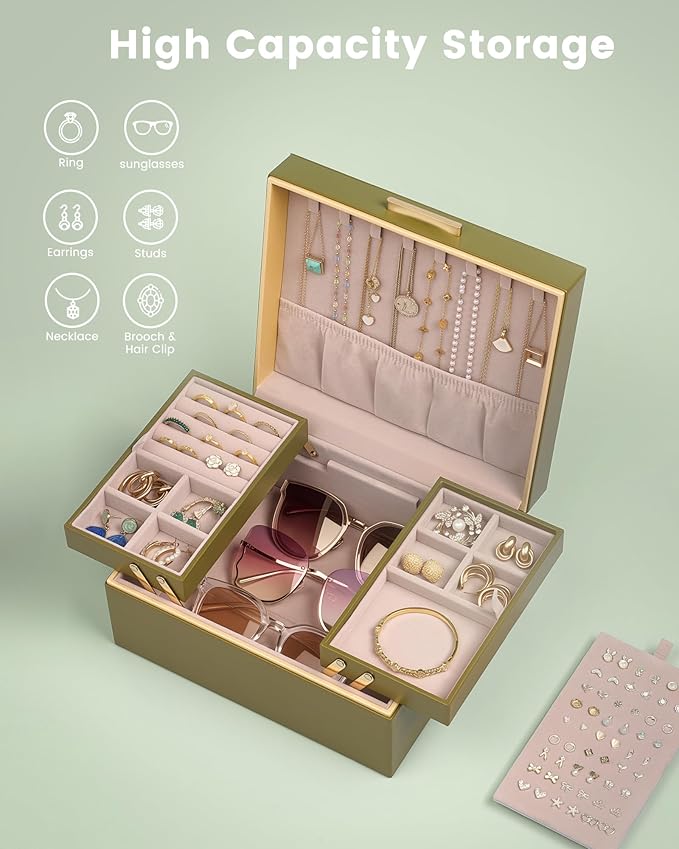 Lolalet Jewelry Box Organizer for Women Girls, 2 Layer Jewelry Organizers and Storage for Necklace Earrings Rings Bracelets, Large Jewellery Holder Case Birthday Mothers Day Gifts -Olive Green