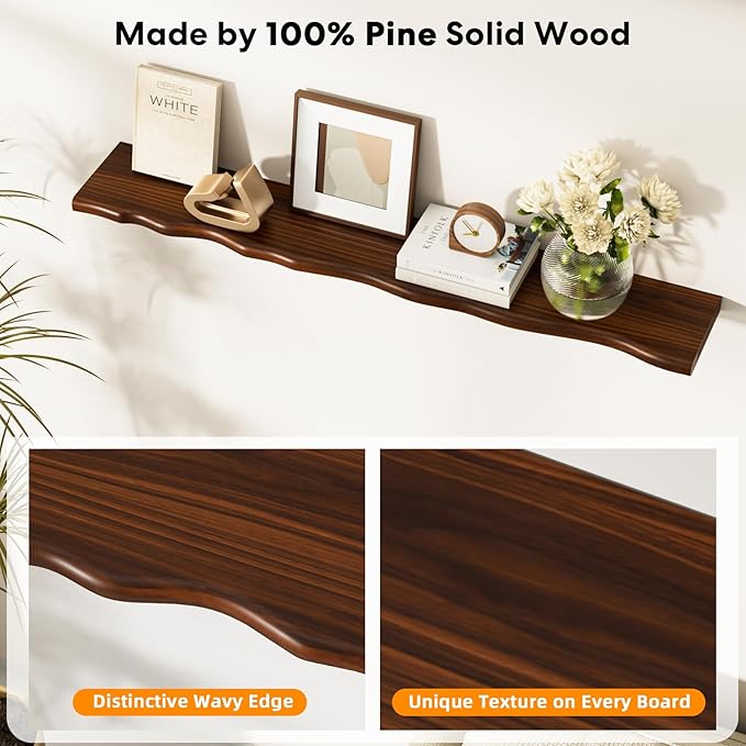 Floating Shelves for Wall Rustic Farmhouse 55 Inch Floating Shelf Bathroom Wooden Shelves for Wall Mounted Live Edge Pine Shelf with Unique Natural Grain for Living Room Bedroom Kitchen (Walnut)