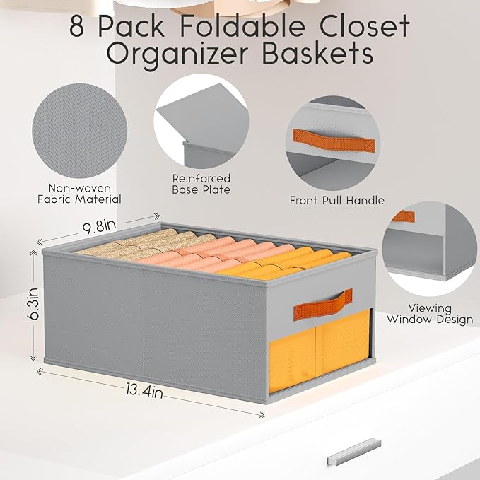 Homsorout Drawer Organizers and Storage - 8 Pack Foldable Pants Organizer with Clear Window & Handles, Fabric Closet Organizer for Clothes, Jeans, Sweaters, Towels, T-shirt, Scarf (Grey)