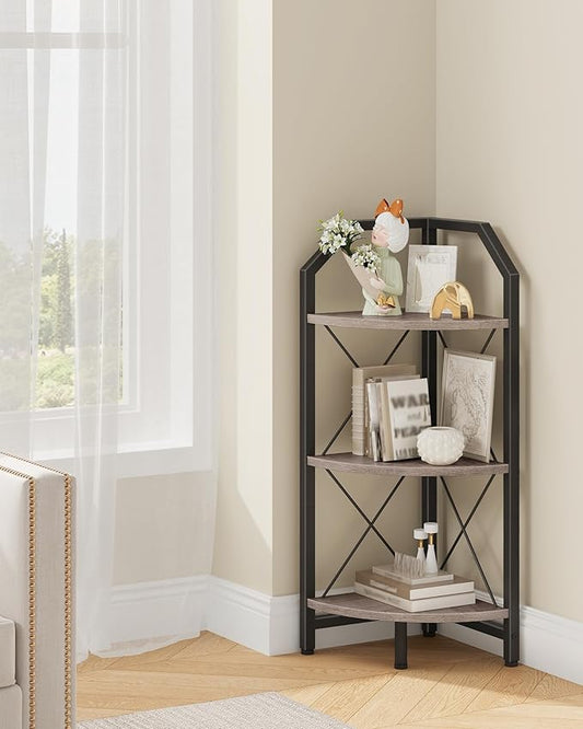 CHOEZON 3-Tier Corner Shelf, Industrial Corner Bookshelf, 35.4" Storage Stand, Plant Stand Display Shelf, Bookcase for Bedroom, Living Room, Home Office, Greige and Black TCJ03BG