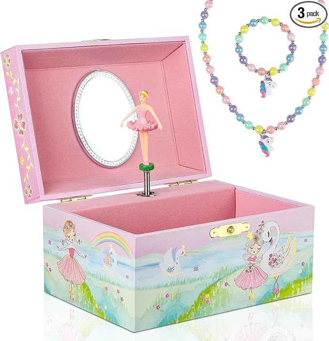 Kids Musical Jewelry Box for Girls- Glitter Storage Box and Jewelry Set- Ballet Birthday Gifts for Little Girls, Ballerina Theme - Swan Lake Tune Pink， 6 x 4.7 x 3.5 in - Ages 3-10