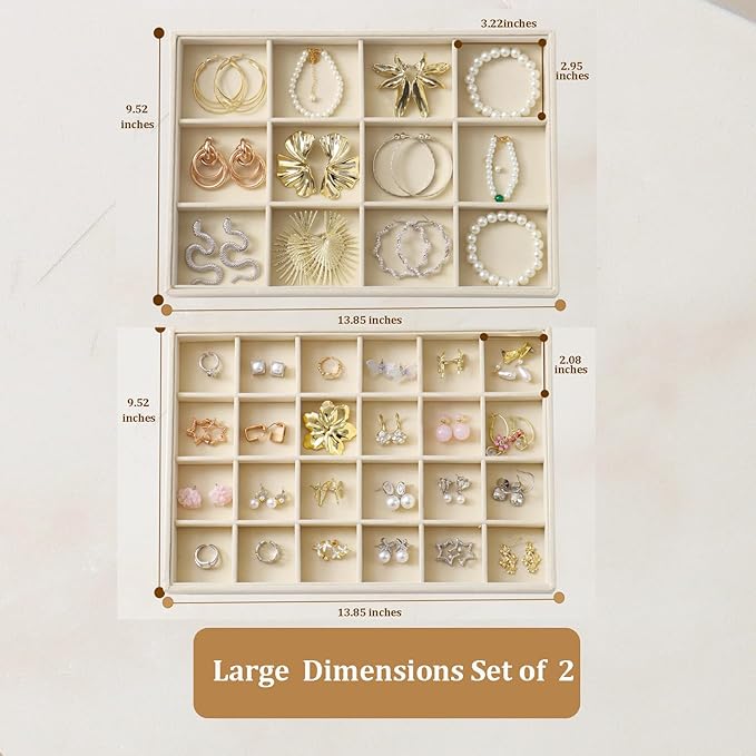 Large Velvet Jewelry Tray 2 Pack Stackable Jewelry Display Drawer Inserts Trays Organizer for Earring Bracelet Necklace Ring (Beige, 12 Grids+24 Grids)
