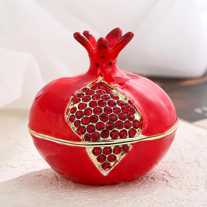 Hand Painted Fruit Trinket Box for Home Decor, Hinged Jewelry Organizer Storage, Unique Personalized Collectible Keepsake Figurine Handmade Decorative Ornament Gifts (Pomegranate)