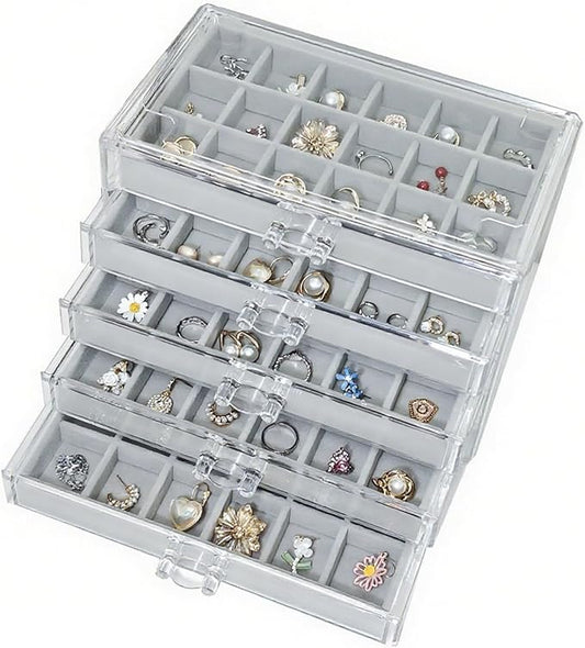 Acrylic Earring Holder Organizer with 5 Drawers Clear Earring Organizer Box with 90 Adjustable Grids Velvet Earring Display Case Jewelry Organizer for Earrings Rings Studs (Grey)