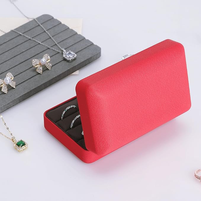 KUKUVR Velet Ring Storage Box for Multiple Rings, Travel Jewelry Ring Stud Earrings Holder Case, 3 Slot Portable Ring Display Organizer Case (Red)