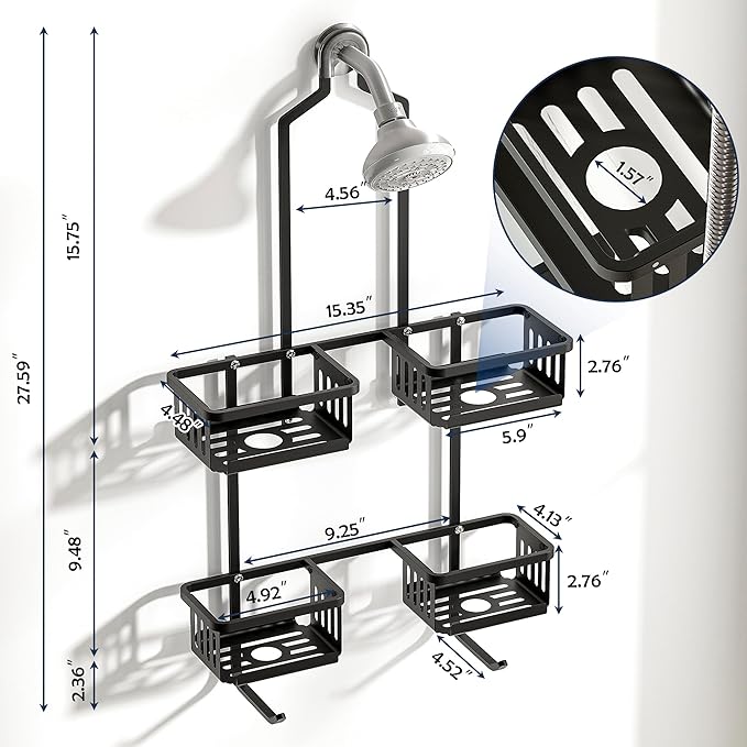 Aluminum Shower Caddy Hanging for Handheld Showerheads, Never Rust Shower Organizer with Hooks Holder Toothbrush Holder，Over Showerhead Caddy for Bathroom, Black
