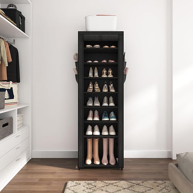 VILICK Shoe Rack with Cover Narrow Shoe Organizer with 4 Side Pockets 10 Tier Tall Shoe Storage Holds 18-22 Pairs Shoes and Boots Shoe Rack for Closet Entryway Garage