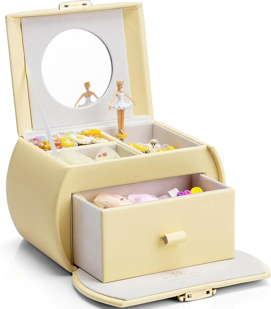 VLANDO Kids Musical Jewelry Box for Girls with Drawer, Music Box with Ballerina and Stickers for Birthday Bedroom Decor, Gifts for Girls Kids Christmas Thanksgiving Gifts 2024 - Yellow