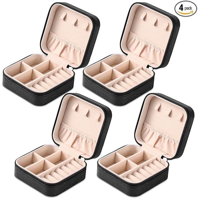 Neveika Portable Travel Mini Jewelry Box Leather Jewellery Ring Organizer Case Storage Gift Box Girls Women (4pcs black).