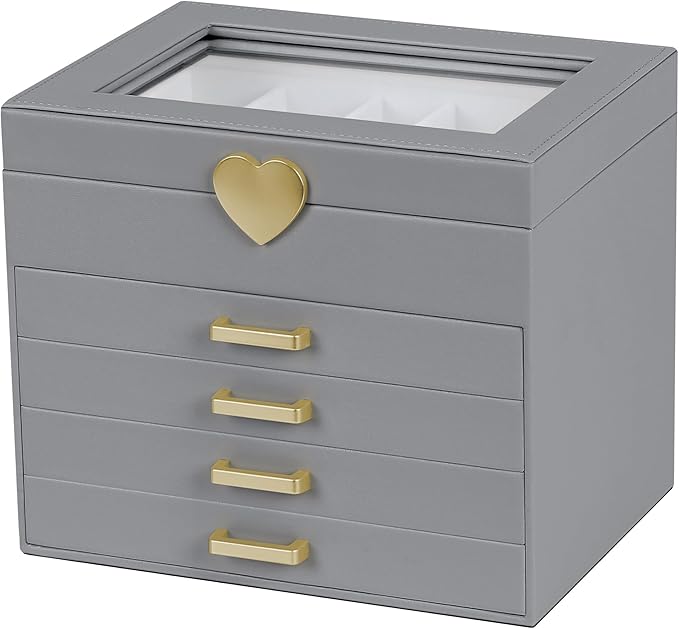 Kendal Jewelry Box, 5-Layer Jewelry Organizer Box with Glass Lid, Gray, Heart Shaped PU Leather, Storage Box for Necklace Earrings Rings Bracelets, Gift Idea for Girls LJC4DRGY