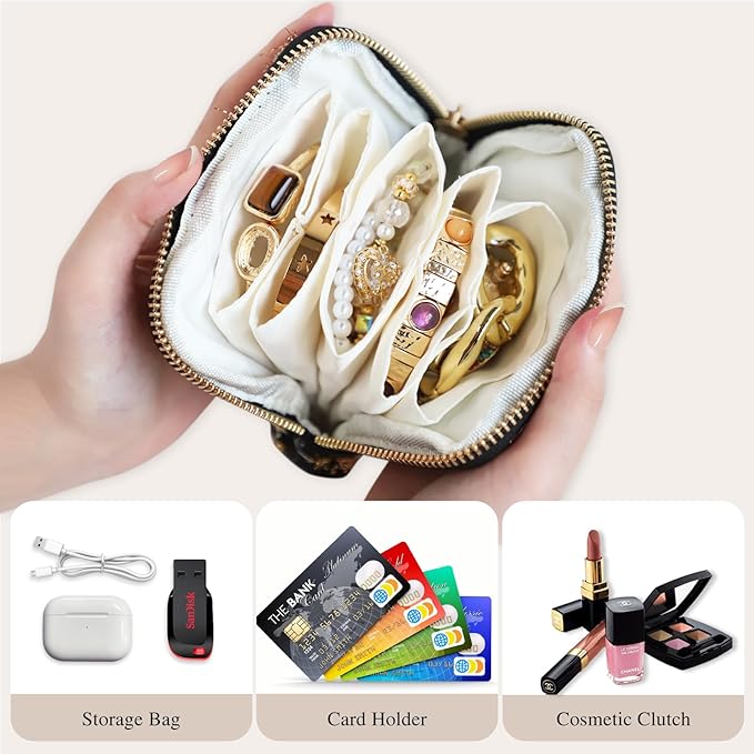 Stratalife Travel Jewelry Case Portable Jewelry Box with Small Pouches for Gemstones Healing Crystal, Bracelets Necklace Bangles Storage, Ring Holder for Women, Quilted Black