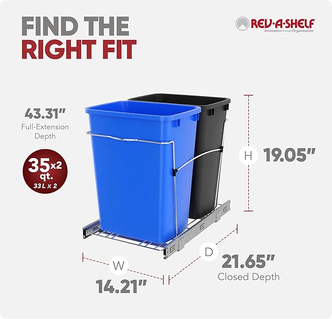 Rev-A-Shelf RV-18KD-2218C-S Double Pullout Trash Cans for Kitchen Cabinets 35 Quart Garbage Recycling Bin on Full Slides, Blue/Black