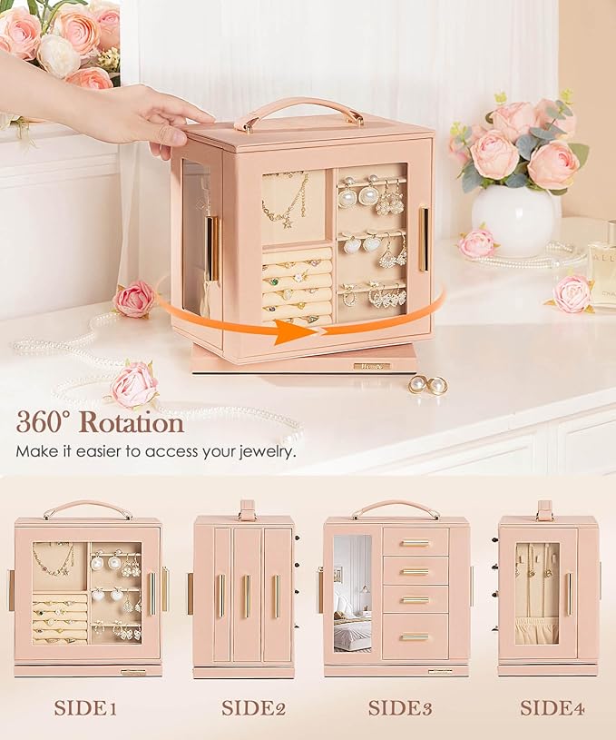 Homde Jewelry Box 360° Rotating, Necklace Earring Organizer with Transparent Window, Mirror, 7 Drawers, Large Ring Display Storage Case for Girls Women (Peach Pink)
