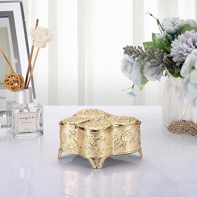 Hipiwe Decorative Jewelry Storage Box Gold Trinket Box for Necklace Ring Earrings Organizer Treasure Keepsake Holder for Women, Medium