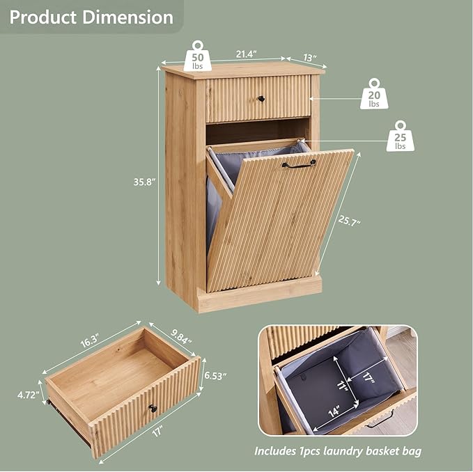 IFBUY Modern Tilt-Out Laundry Hamper Cabinet, 10 Gallon Fluted Trash Can Cabinet with Drawer, Wooden Hidden Garbage Can Cabinets with Laundry Basket, Free Standing for Bathroom & Kitchen, Natural Oak