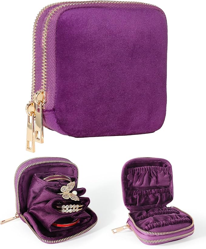 COOLYOUTH Travel Jewelry Case Organizer for Women Portable Jewelry Box with Small Pouches Mini Jewelry Bag for Rings, Bracelets, & Bangles with Smooth Metal Zipper (Plum Purple)