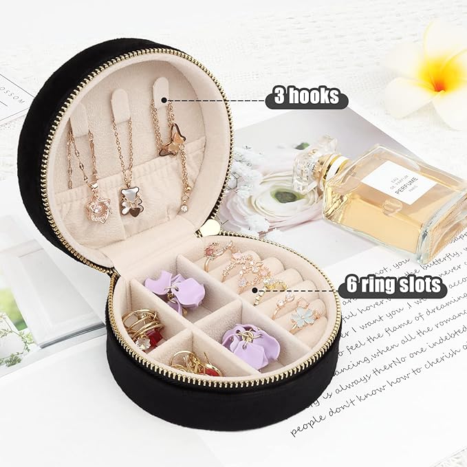 DesignSter Travel Jewelry Box - Velvet Mini Jewelry Organizer, Small Jewelry Case for Girls Women, Jewelry Storage Box for Rings Earrings Necklace (Circular, Black)